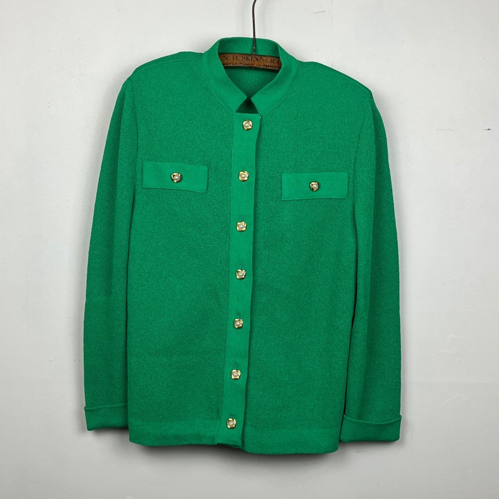 Vintage Knit Cardigan Sweater Size 8 Green Pearl Button Old Money Mod